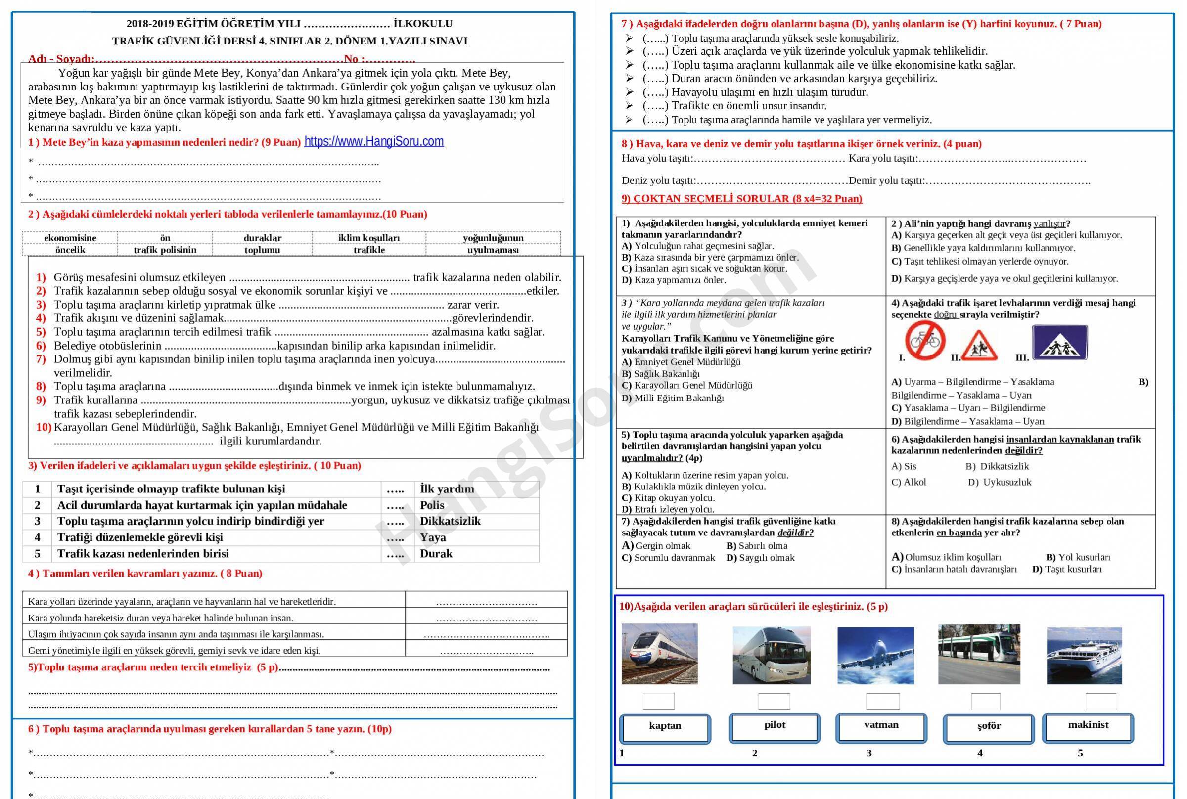 4. Sınıf Trafik Güvenliği 2. Dönem 1. Yazılı Soruları