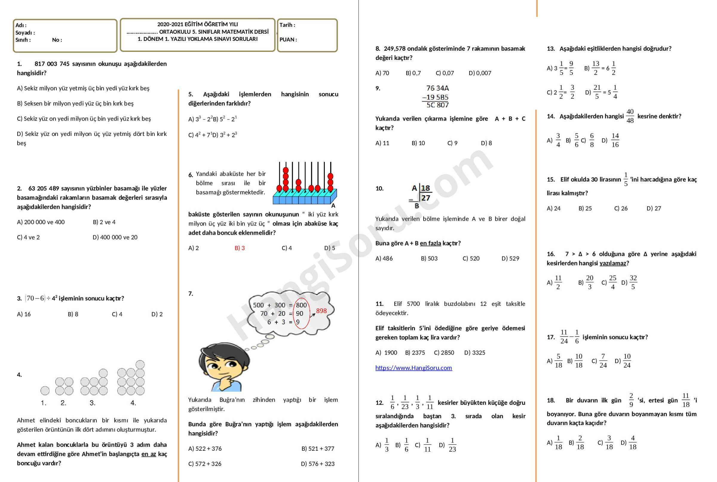 5. Sınıf Matematik 1. Dönem 1. Yazılı Soruları 2022-2023 - HangiSoru