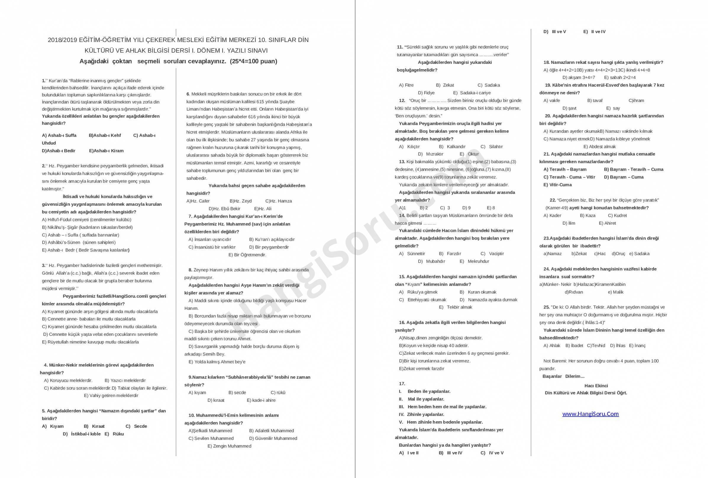 10. Sınıf Din Kültürü 1. Dönem 1. Yazılı Soruları (Mesleki